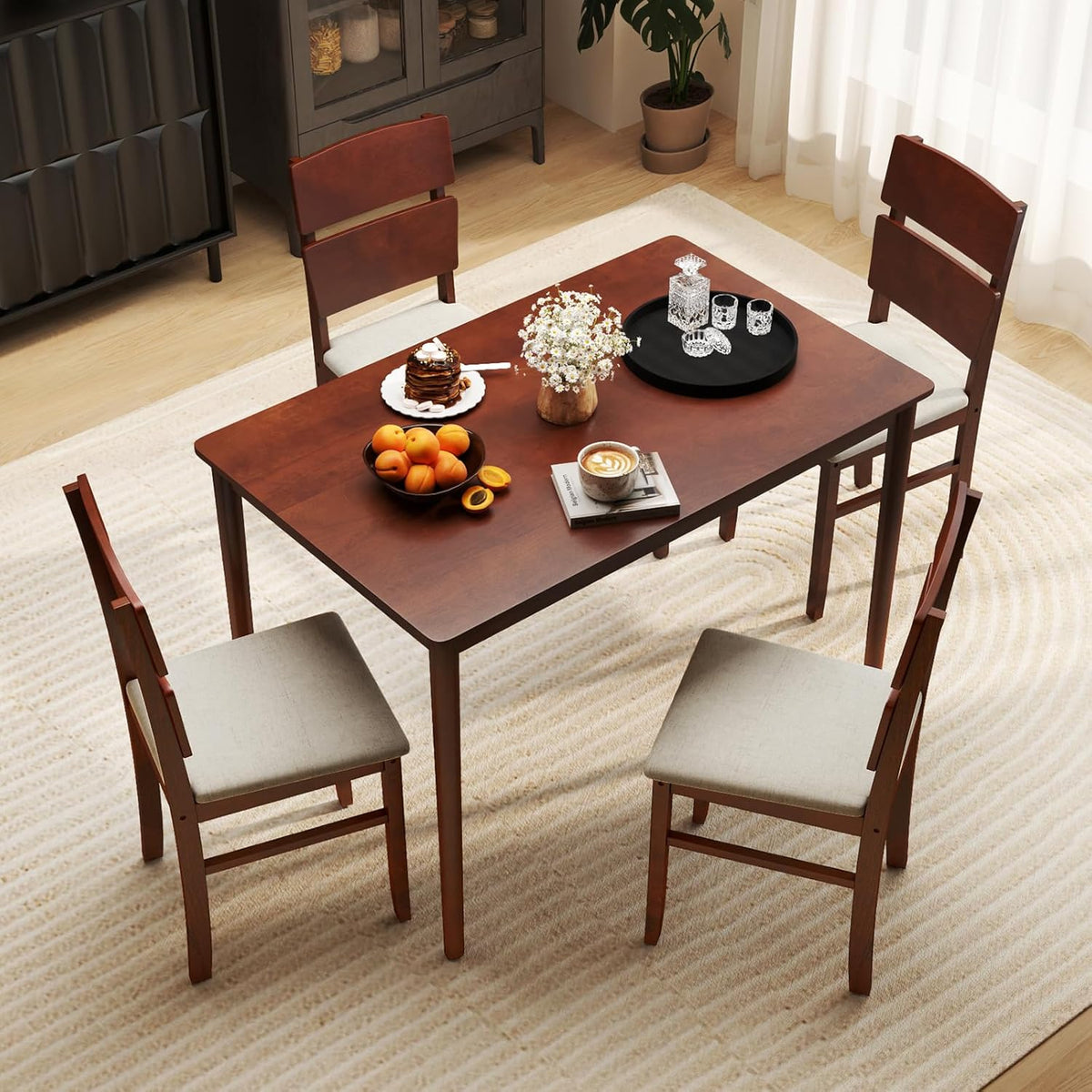 5-Piece Farmhouse Dining Set with Upholstered Chairs and Rubberwood Legs