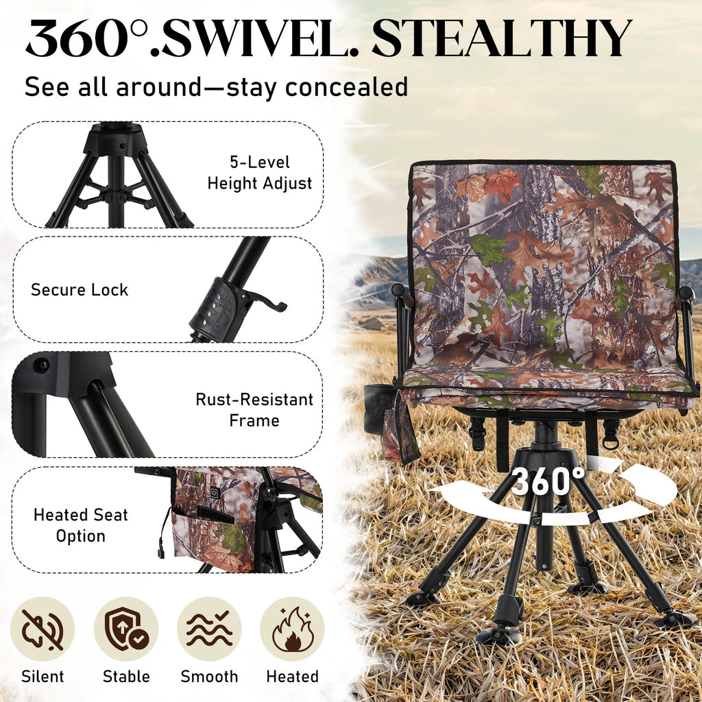 Danrelax 360 Silent Camo Hunting Blind Chair, Armrests, Side Pouch, Telescopic Legs