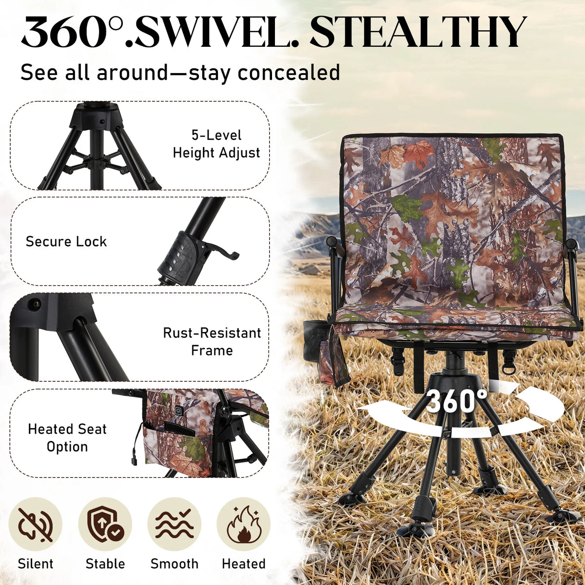 Danrelax 360 Silent Camo Hunting Blind Chair, Armrests, Side Pouch, Telescopic Legs