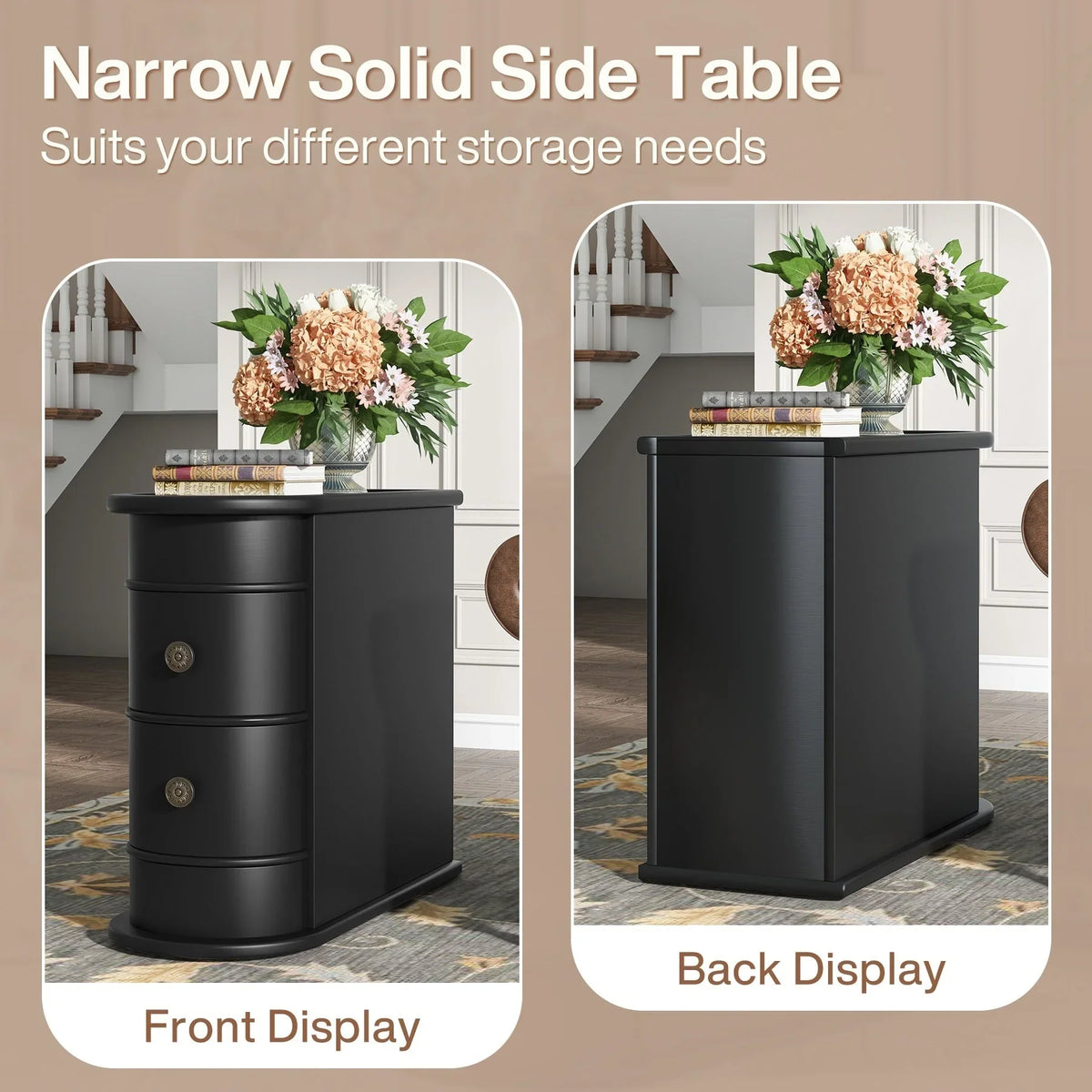 Solid Wood Chairside End Table, Two-Drawer Narrow Side Table Slim