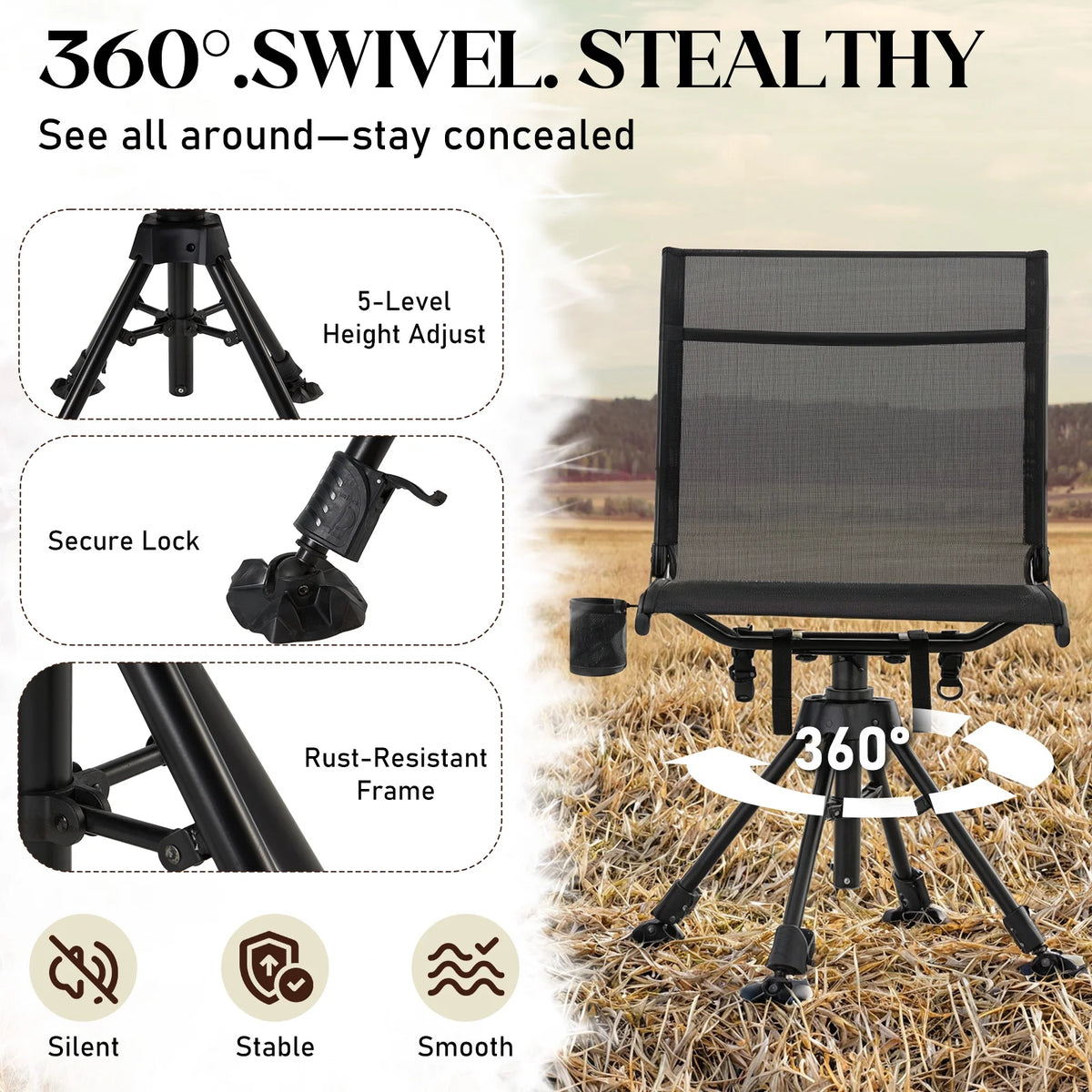 Danrelax 360 Silent Camo Hunting Blind Chair, Armrests, Side Pouch, Telescopic Legs