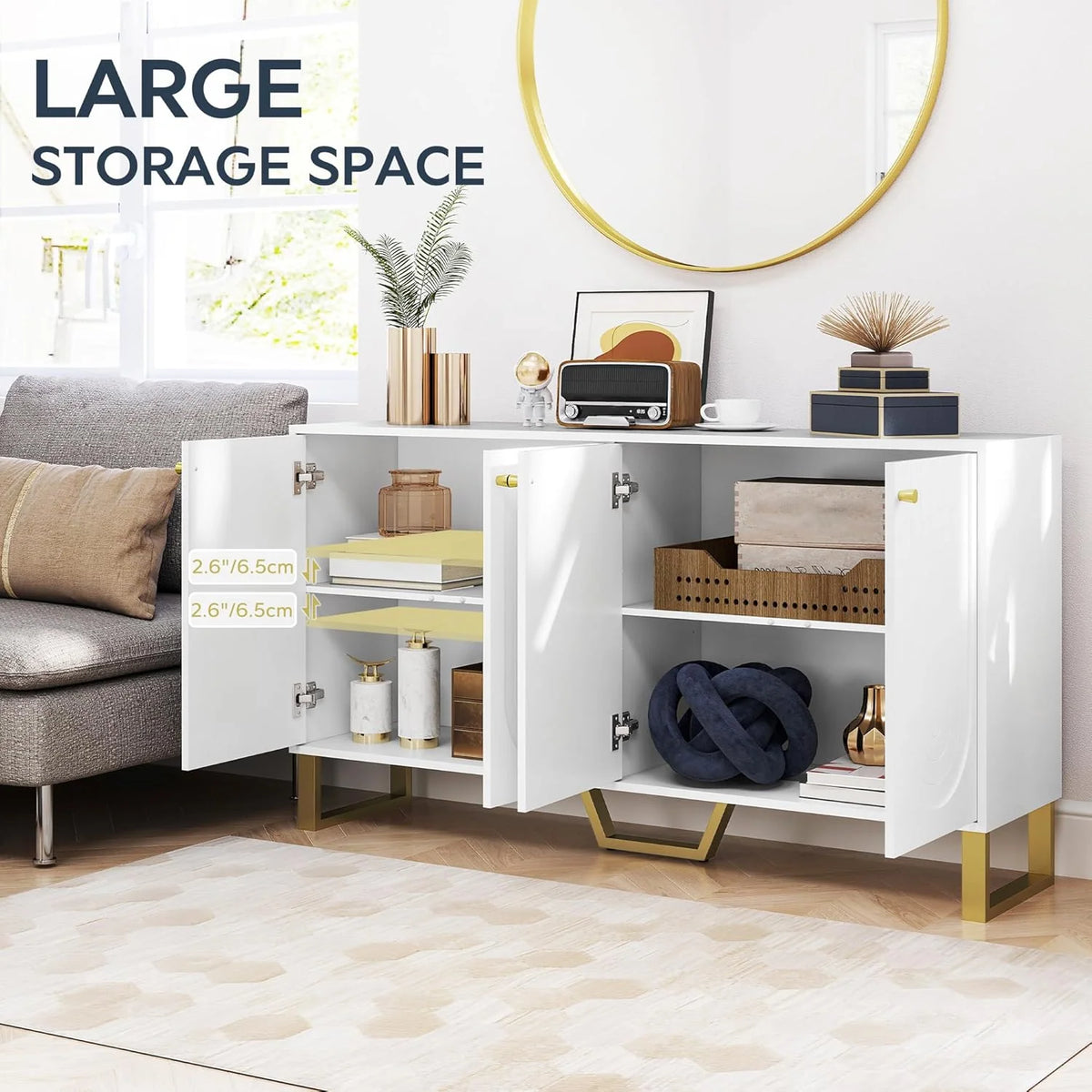 4-Door Buffet Sideboard with Adjustable Shelves, White