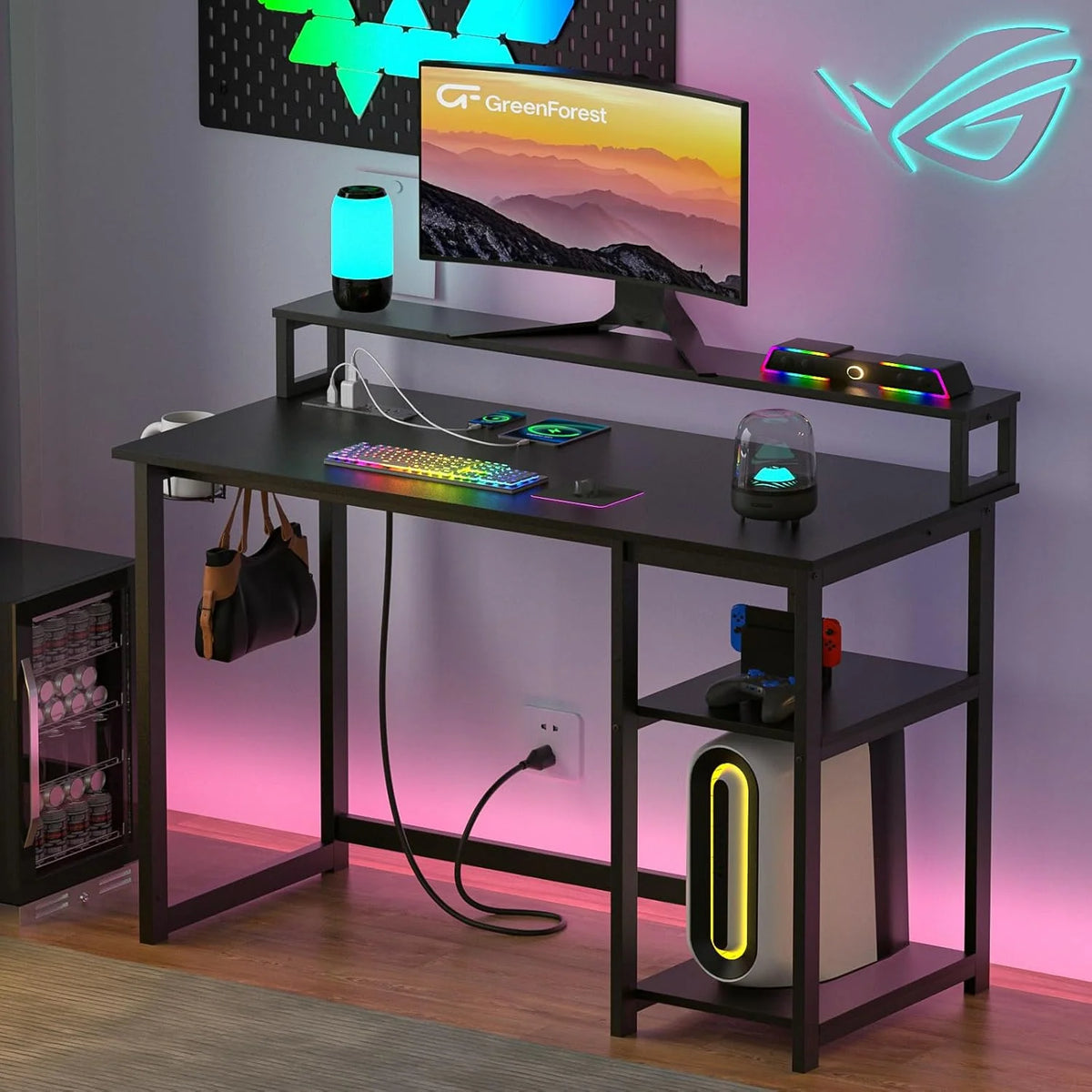 47-Inch Computer Desk with Power Outlets and Monitor Stand, White