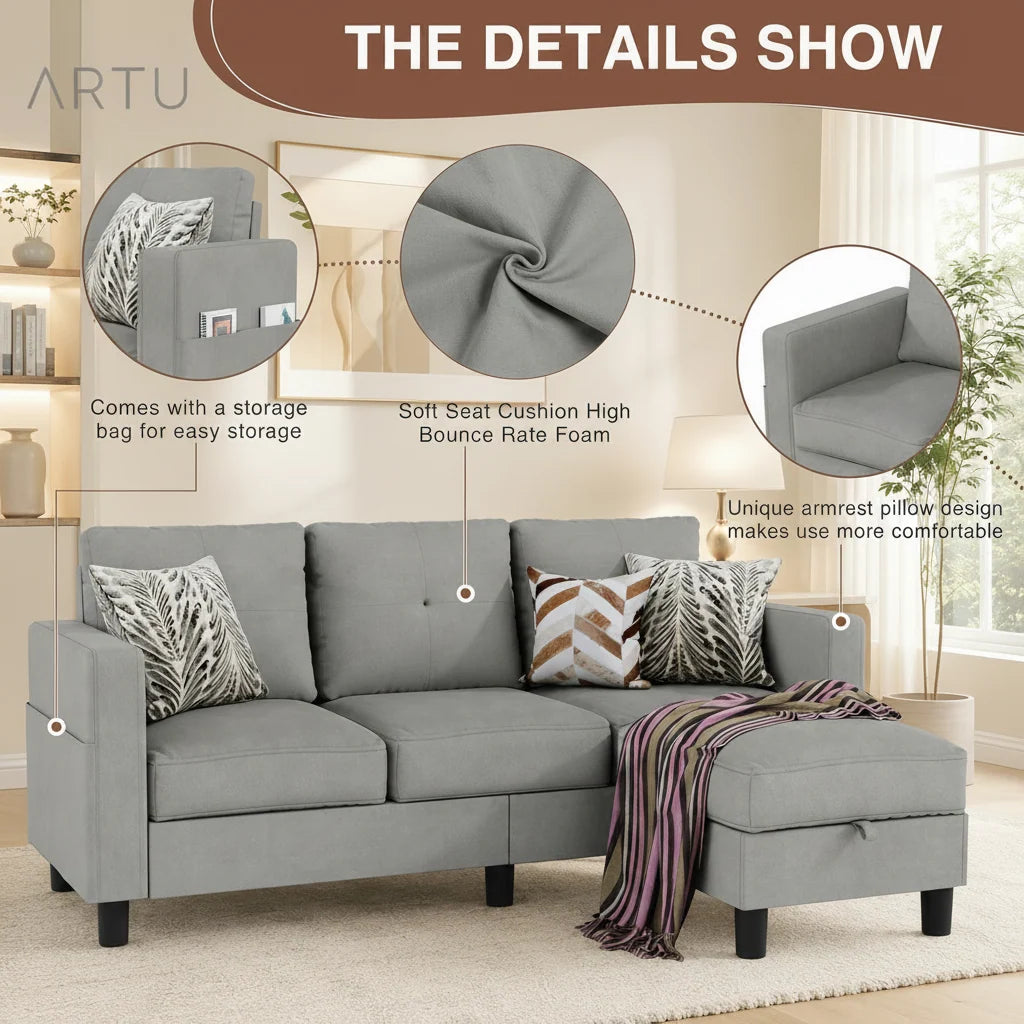 Light Grey L Shaped Sectional Sofa With Ottoman