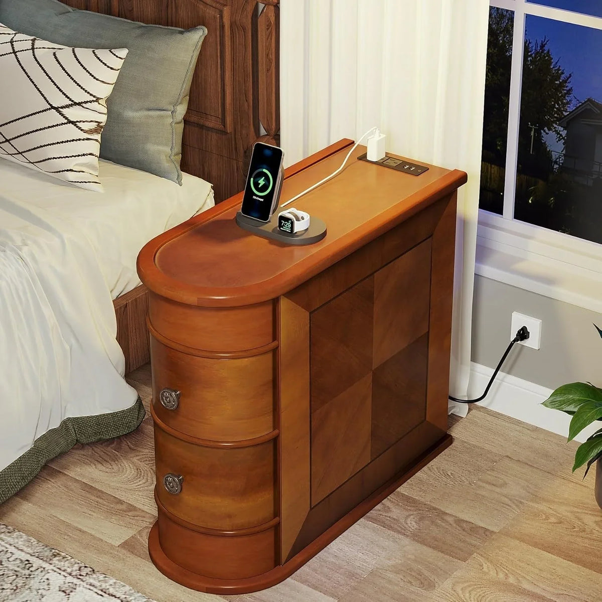 Solid Wood Chairside End Table, Two-Drawer Narrow Side Table Slim