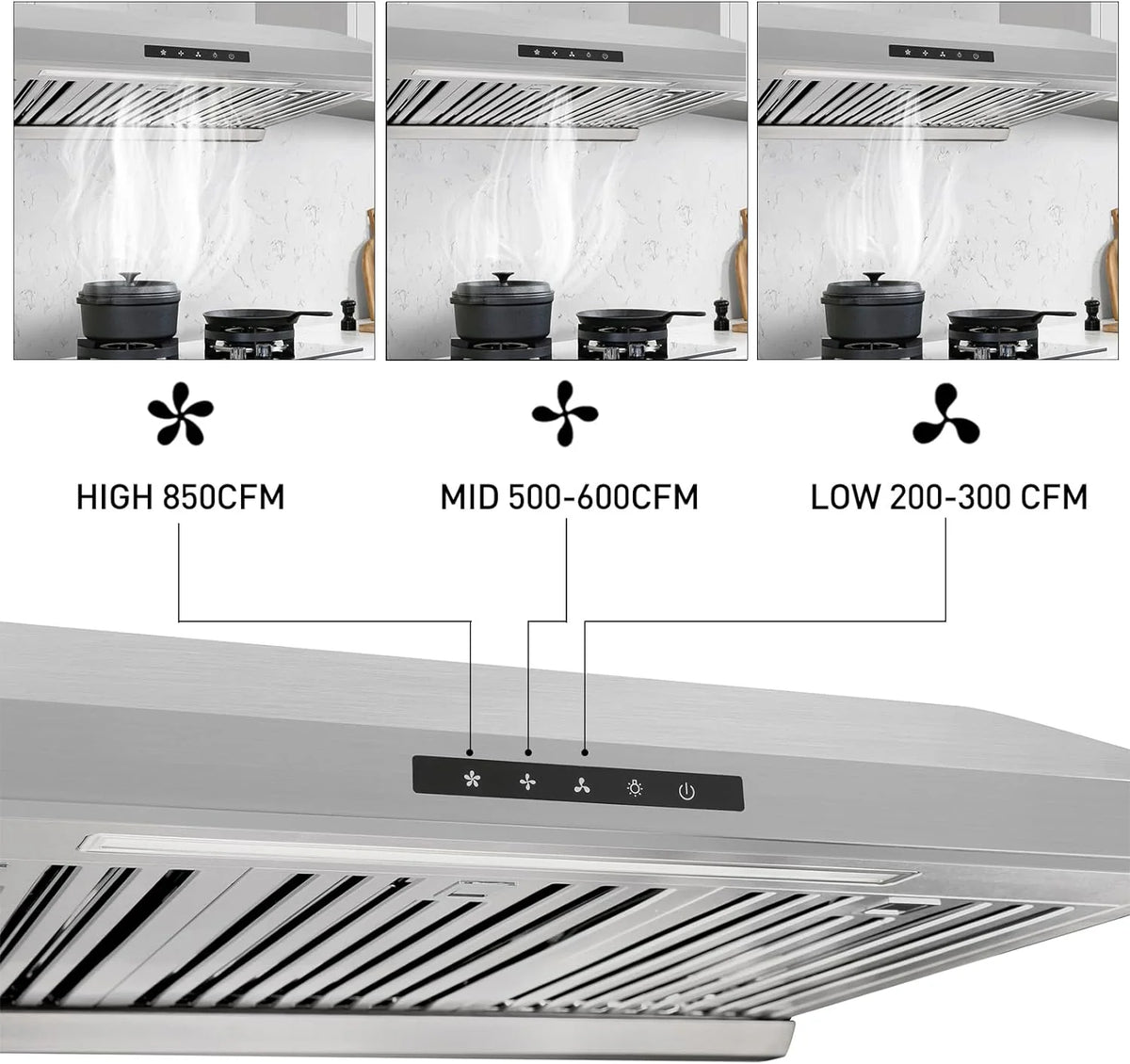Powerful 30 Inch Under Cabinet Range Hood With Seamless Stainless Steel Body, Twin Turbo Motors, 3 Speed Touch Screen, Round Vent, Baffle Filters, LED Lights, Oil Collector