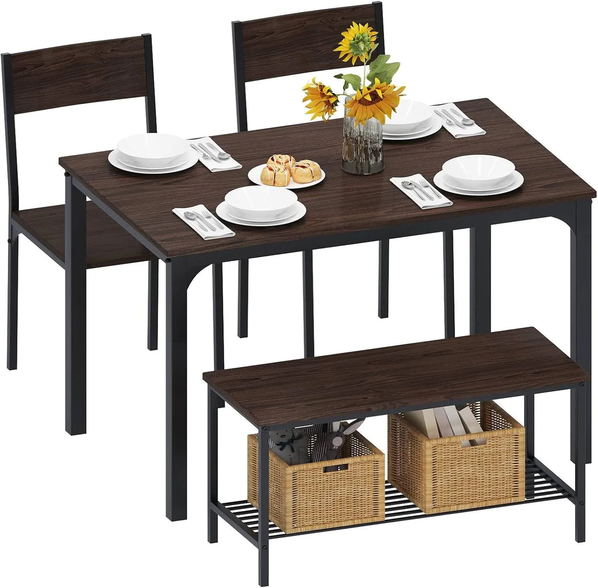 4-Piece Dining Set with Two Chairs and Bench, White