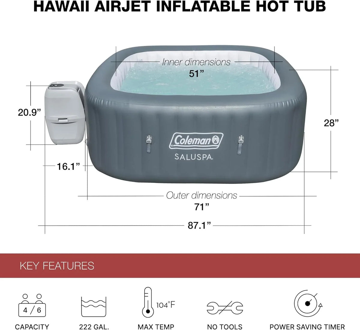 4 to 6 Person Inflatable Hot Tub Square Portable Outdoor Spa with 114 Soothing Airjets and Insulated Cover