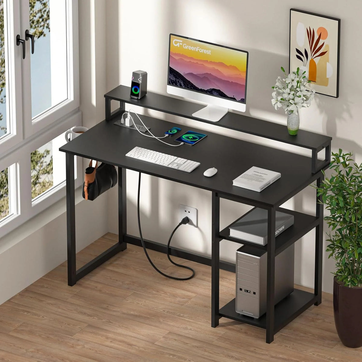 47-Inch Computer Desk with Power Outlets and Monitor Stand, White