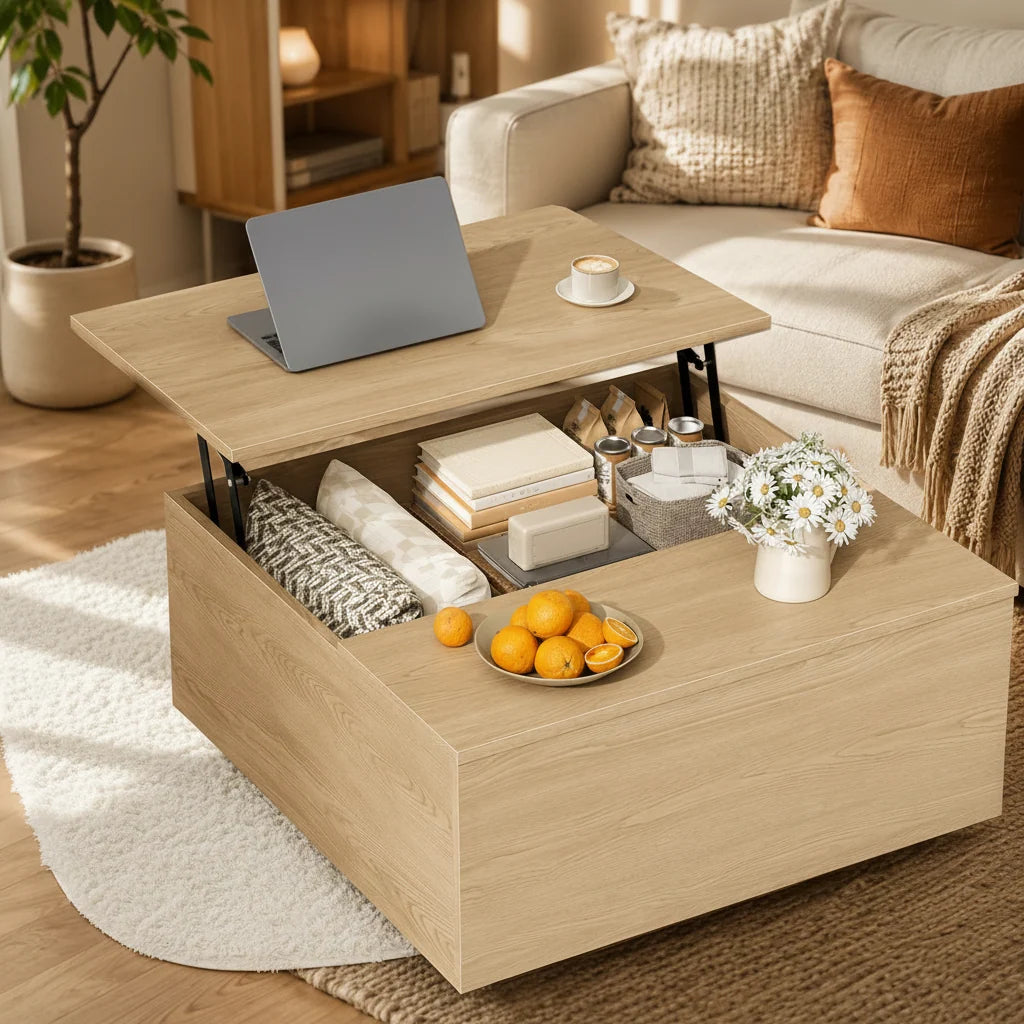 Natural Square Lift Top Coffee Table Hidden Storage