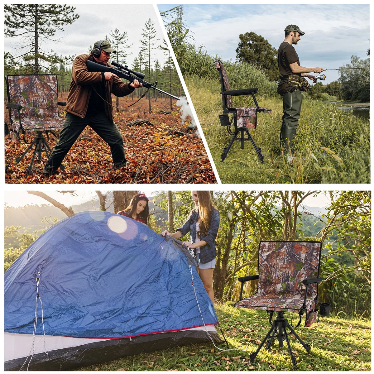 Danrelax 360 Silent Camo Hunting Blind Chair, Armrests, Side Pouch, Telescopic Legs