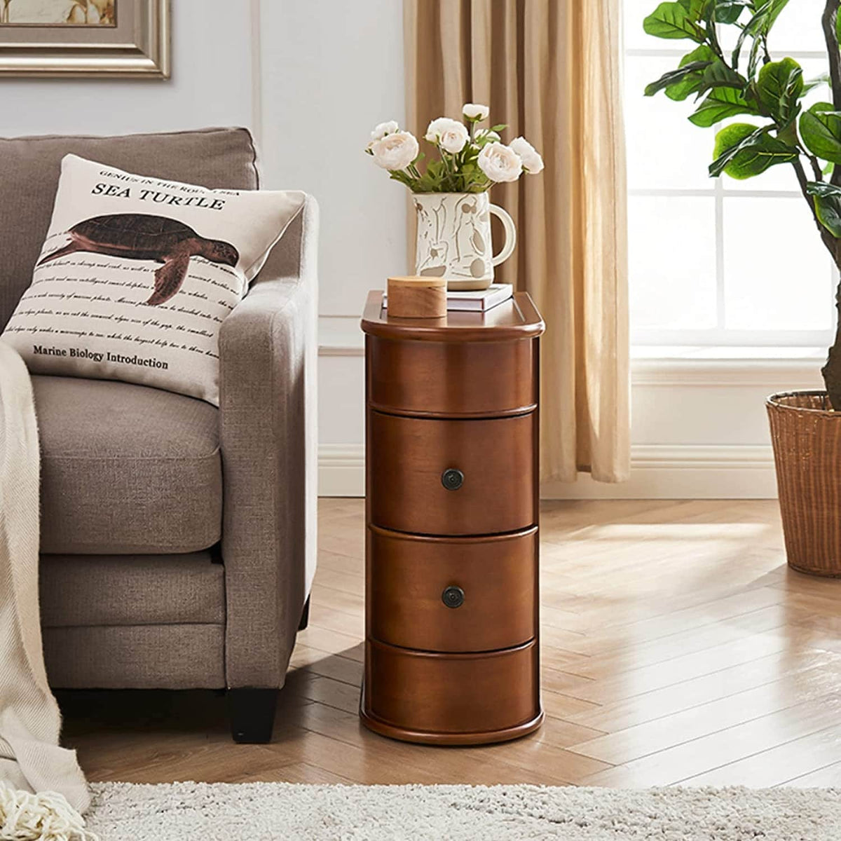 Solid Wood Chairside End Table, Two-Drawer Narrow Side Table Slim