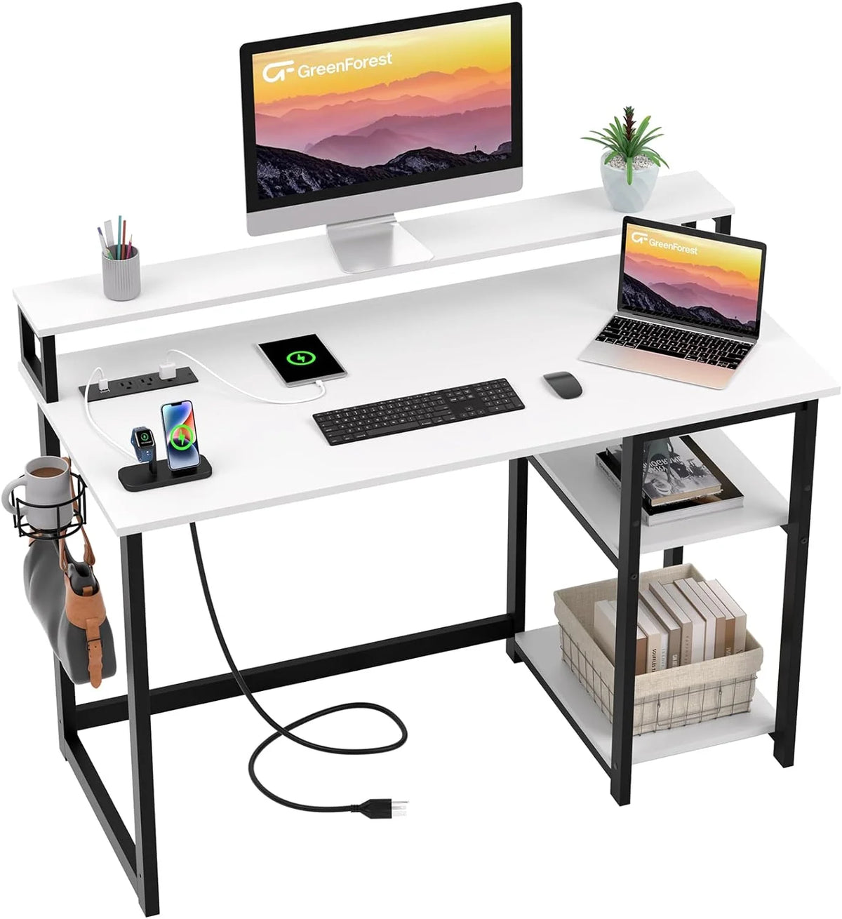 47-Inch Computer Desk with Power Outlets and Monitor Stand, White