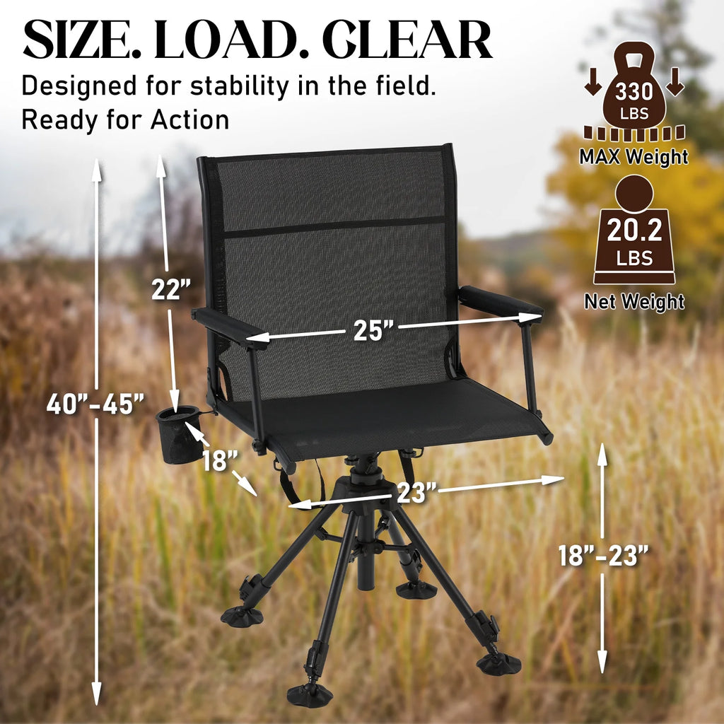 Danrelax 360 Silent Camo Hunting Blind Chair, Armrests, Side Pouch, Telescopic Legs