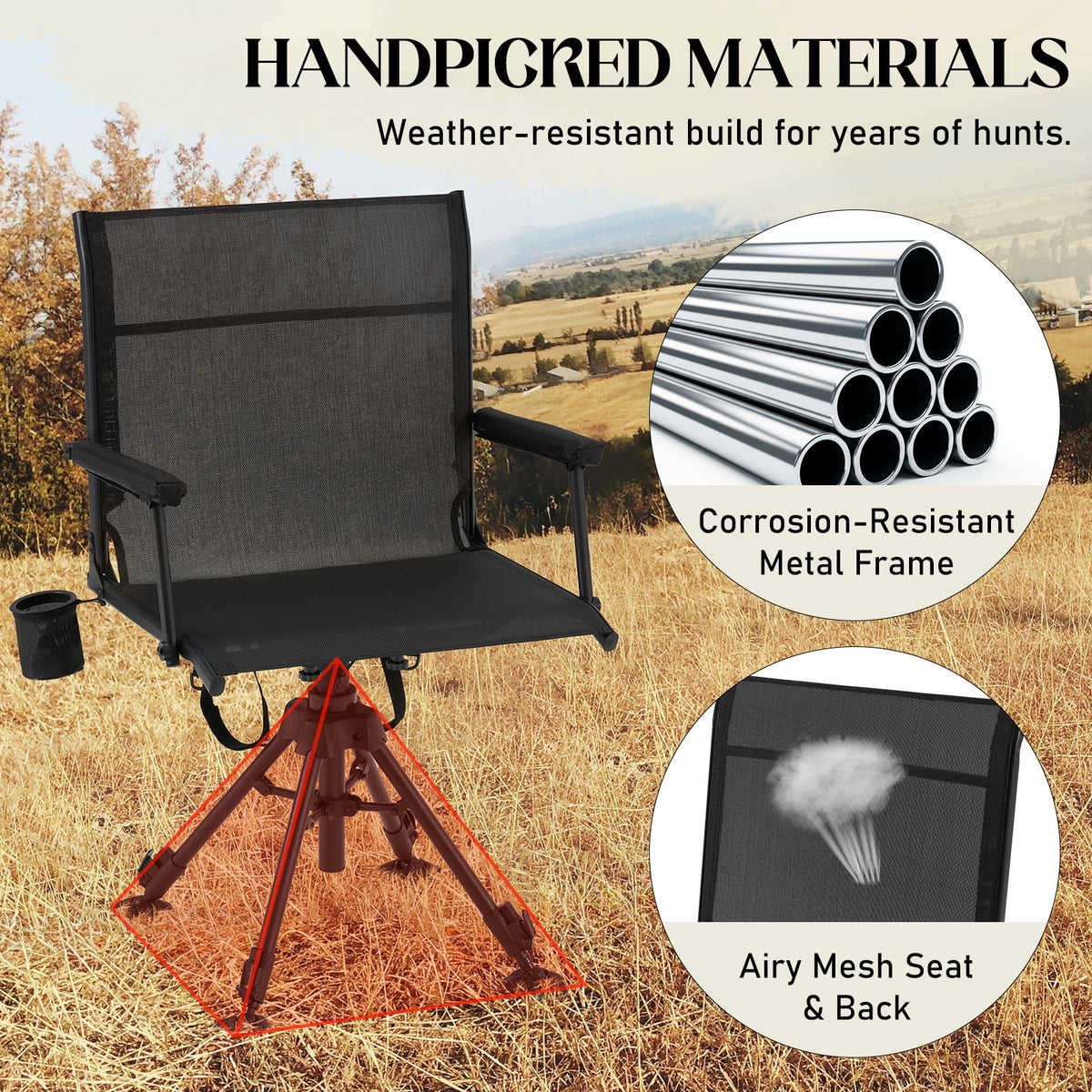 Danrelax 360 Silent Camo Hunting Blind Chair, Armrests, Side Pouch, Telescopic Legs
