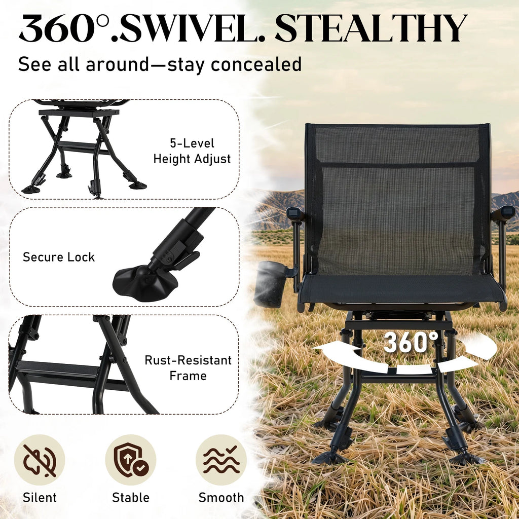 Danrelax 360 Silent Camo Hunting Blind Chair, Armrests, Side Pouch, Telescopic Legs