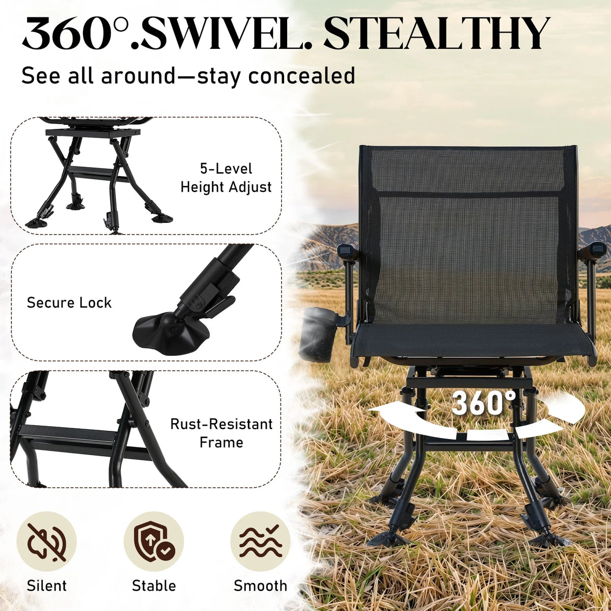 Danrelax 360 Silent Camo Hunting Blind Chair, Armrests, Side Pouch, Telescopic Legs