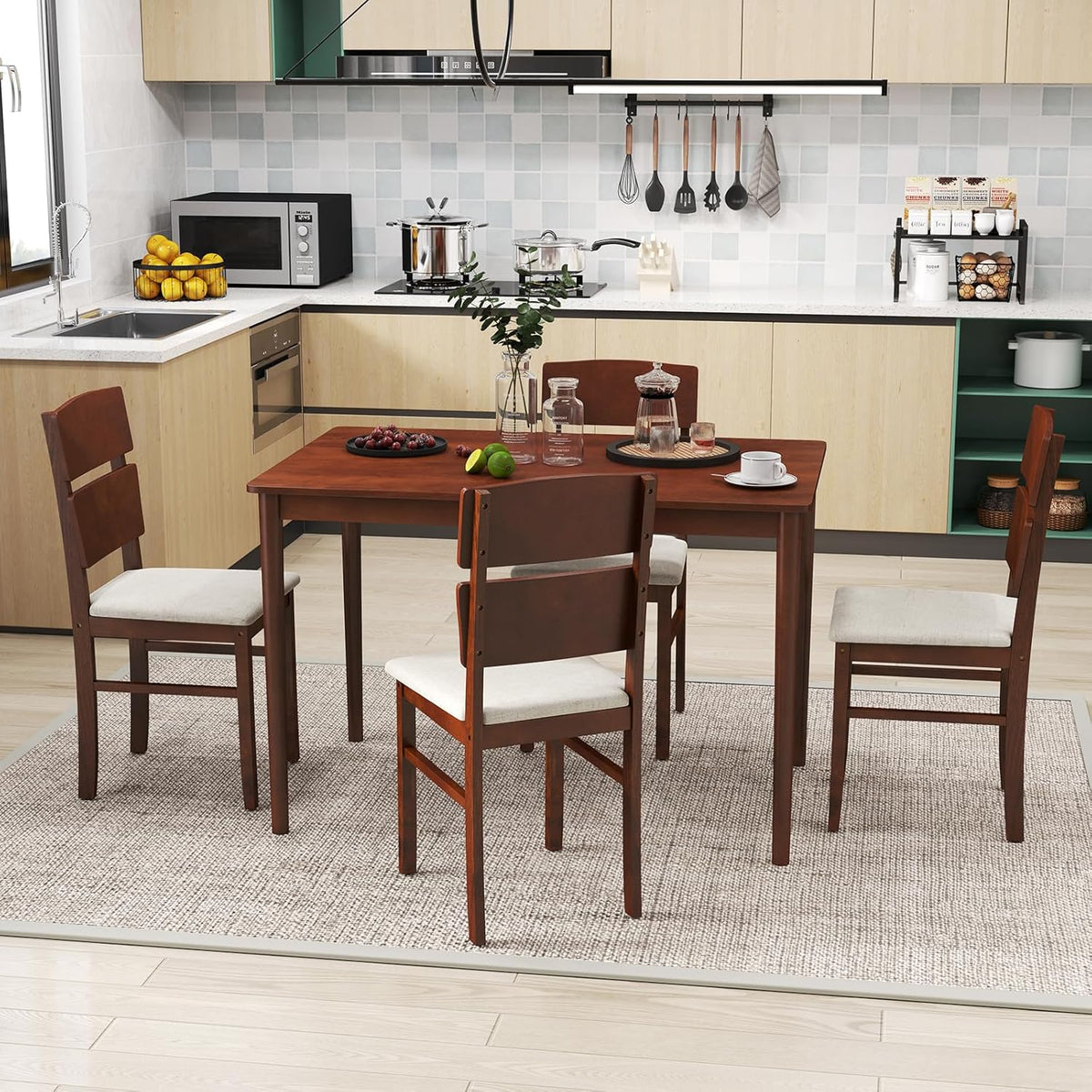 5-Piece Farmhouse Dining Set with Upholstered Chairs and Rubberwood Legs