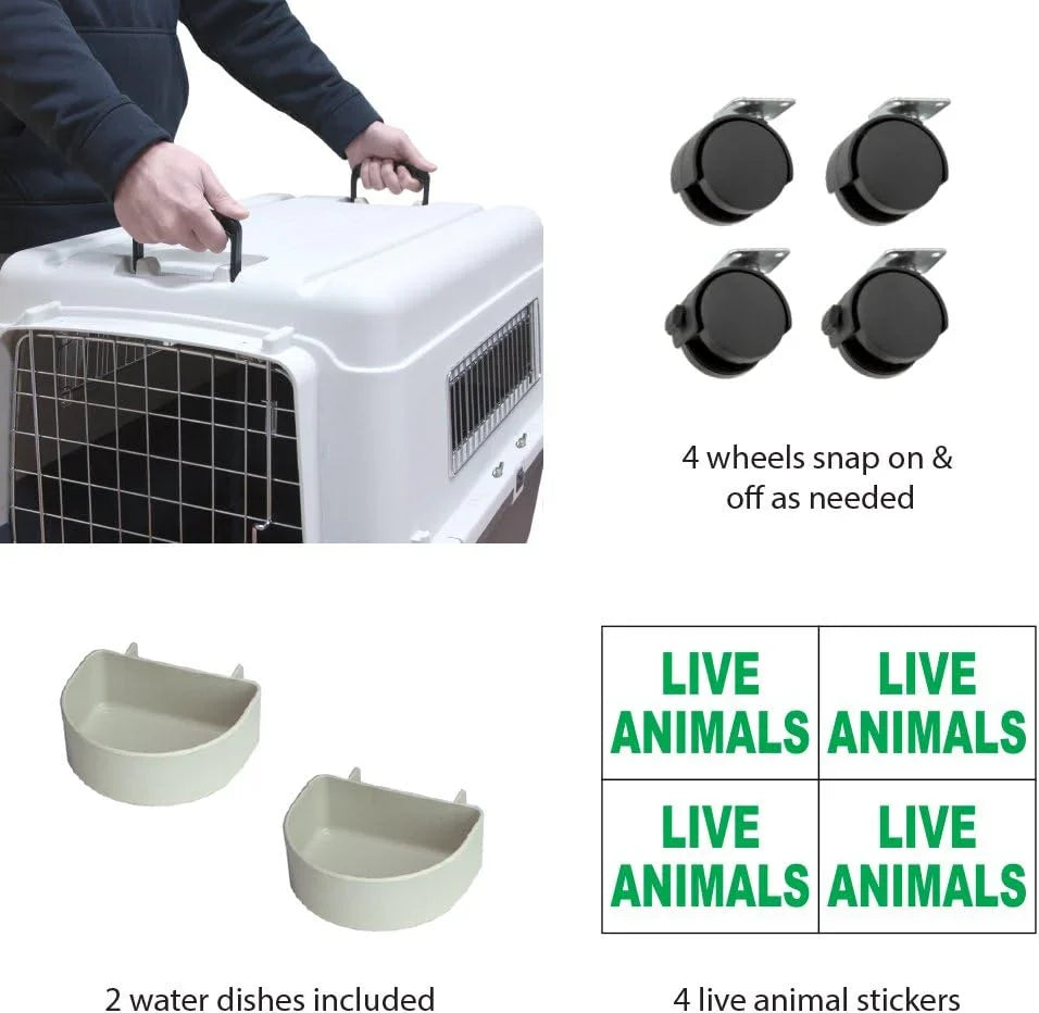 Designs Plastic Kennels Rolling Plastic Airline Approved Wire Door Travel Dog Crate, XXX-Large, Gray