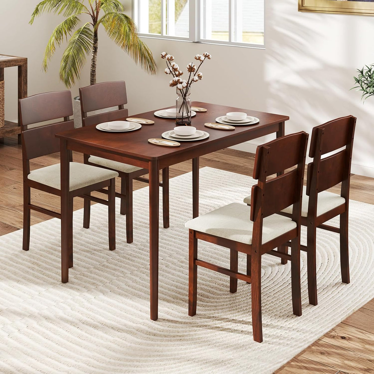 5-Piece Farmhouse Dining Set with Upholstered Chairs and Rubberwood Legs