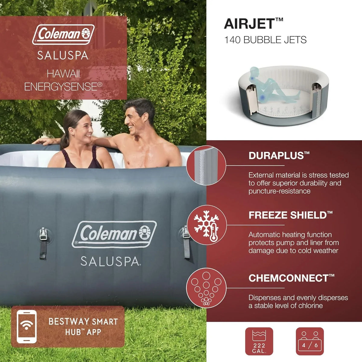 4 to 6 Person Inflatable Hot Tub Square Portable Outdoor Spa with 114 Soothing Airjets and Insulated Cover