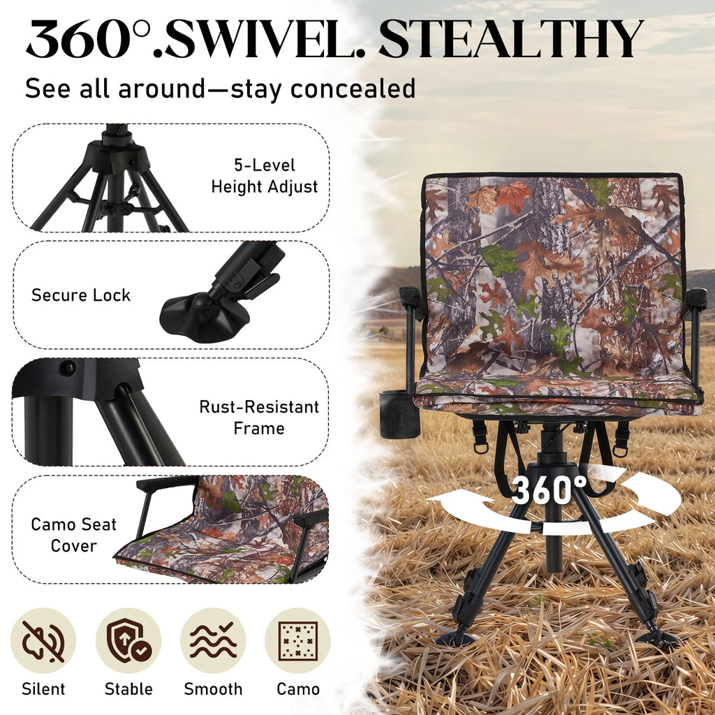 Danrelax 360 Silent Camo Hunting Blind Chair, Armrests, Side Pouch, Telescopic Legs