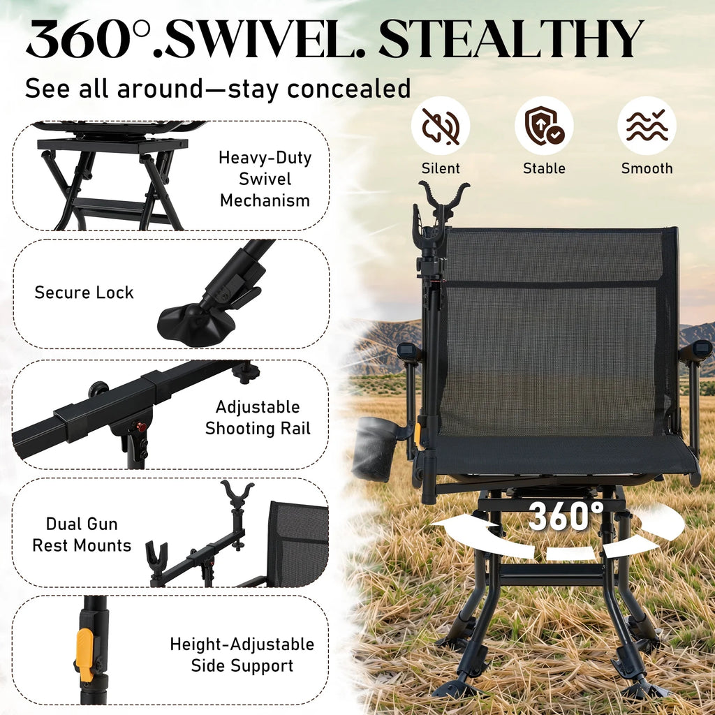 Danrelax 360 Silent Camo Hunting Blind Chair, Armrests, Side Pouch, Telescopic Legs