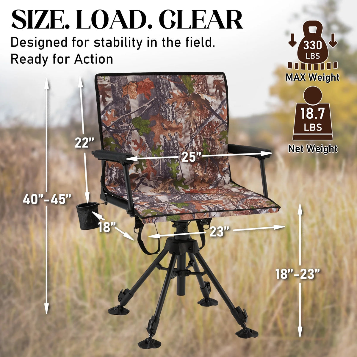 Danrelax 360 Silent Camo Hunting Blind Chair, Armrests, Side Pouch, Telescopic Legs