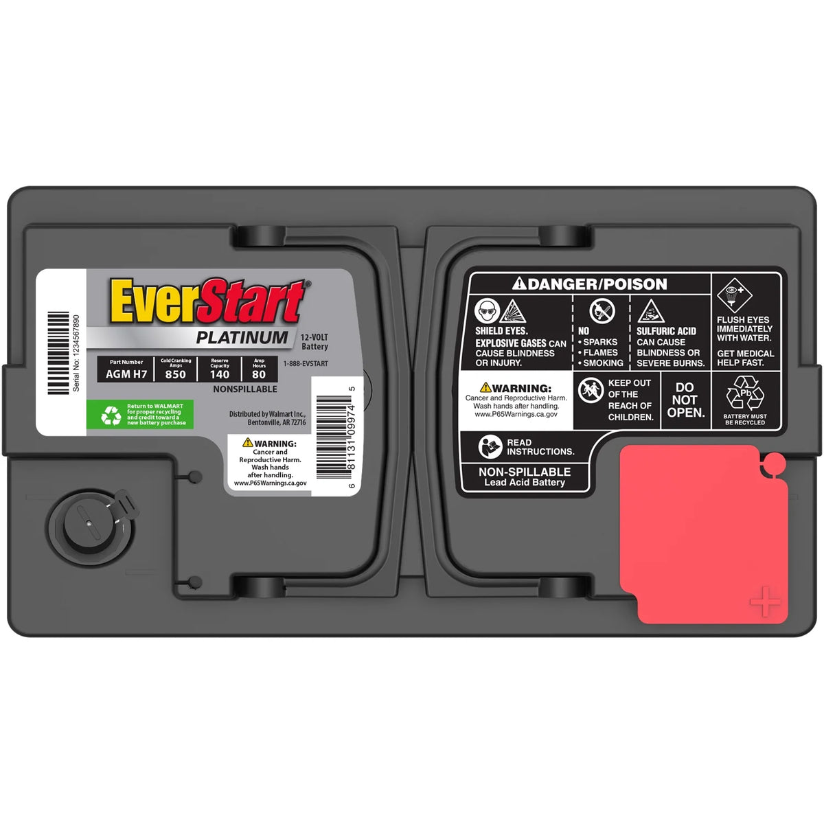 Everstart Platinum AGM Automotive Battery, Group Size H7 / LN4 / 94R 12 Volt, 850 CCA
