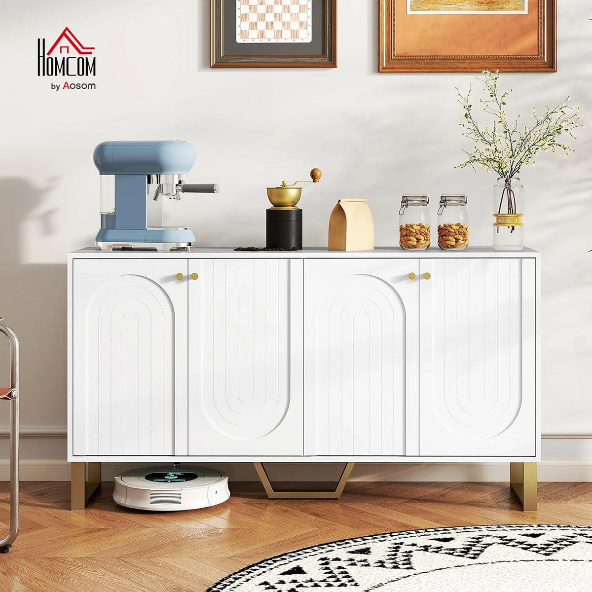4-Door Buffet Sideboard with Adjustable Shelves, White