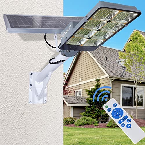 450W Solar Street Flood Lights Outdoor Lamp with Remote Control Dusk to Dawn Security Lighting for Yard Garden Gutter Basketball Court Arena…