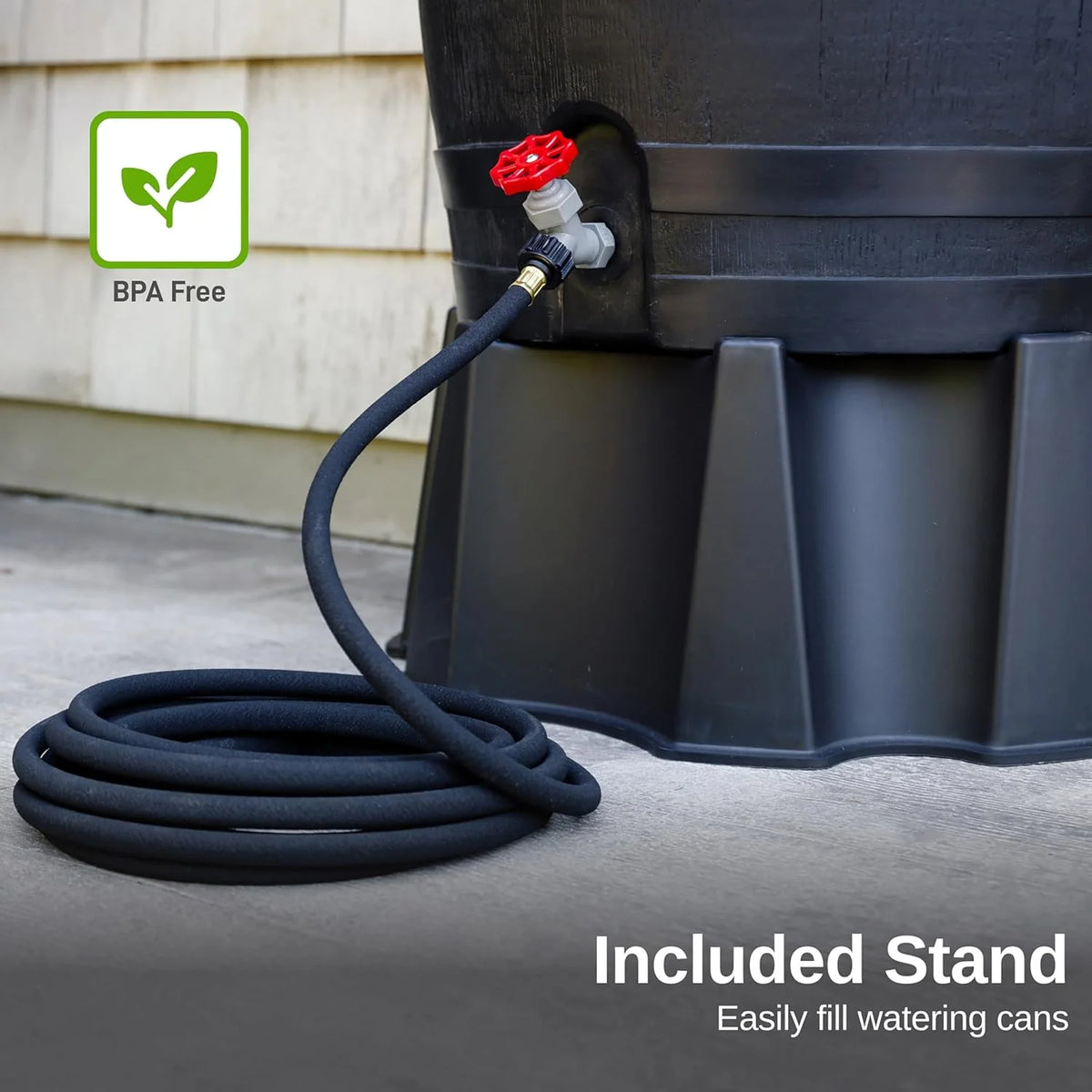 50-Gallon Recycled Plastic Rain Barrel, Black