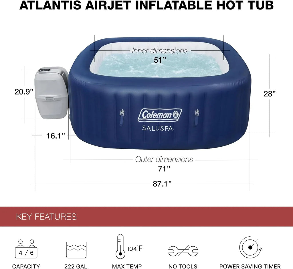 4 to 6 Person Inflatable Hot Tub Square Portable Outdoor Spa with 114 Soothing Airjets and Insulated Cover