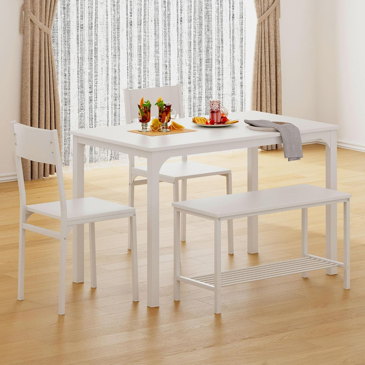 4-Piece Dining Set with Two Chairs and Bench, White
