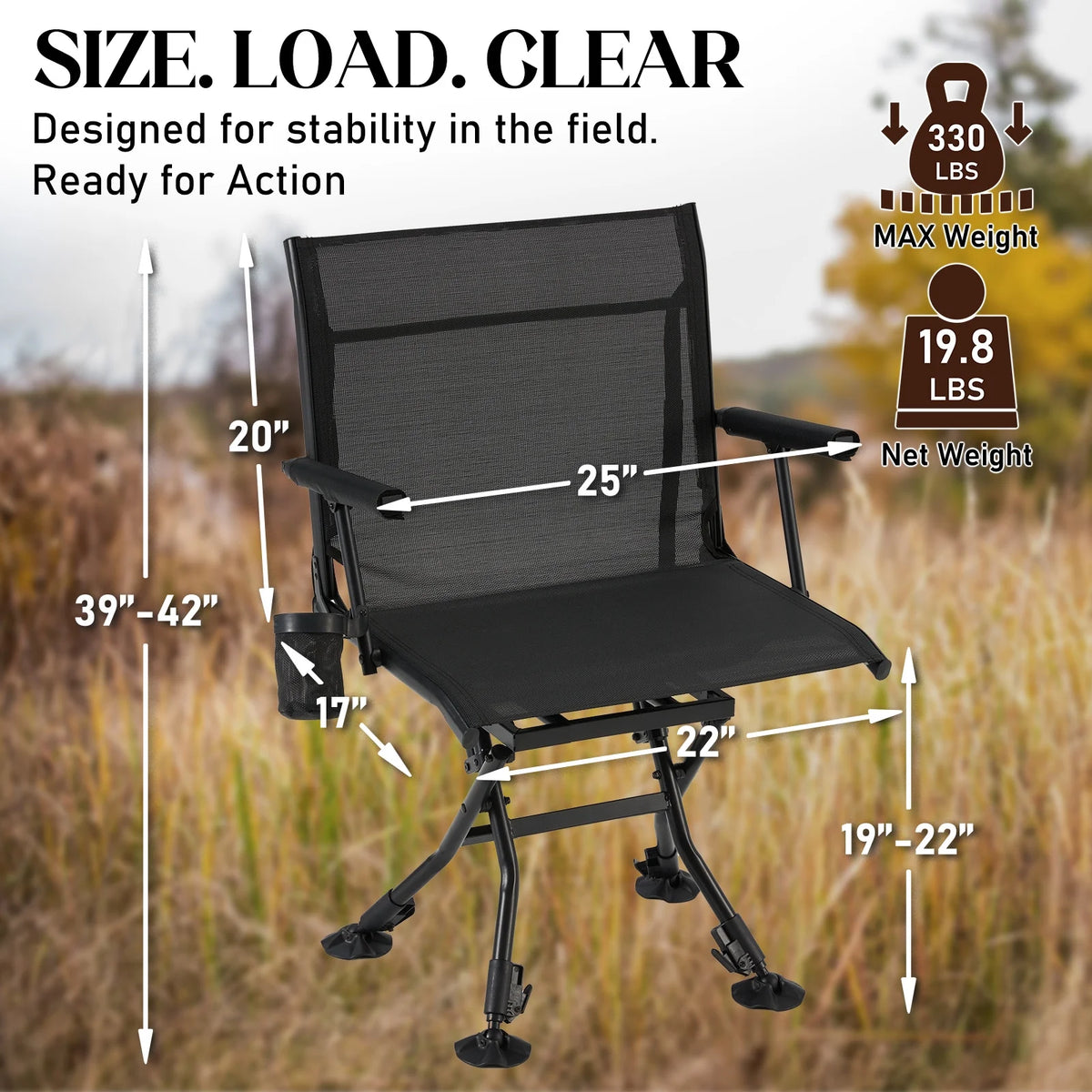 Danrelax 360 Silent Camo Hunting Blind Chair, Armrests, Side Pouch, Telescopic Legs