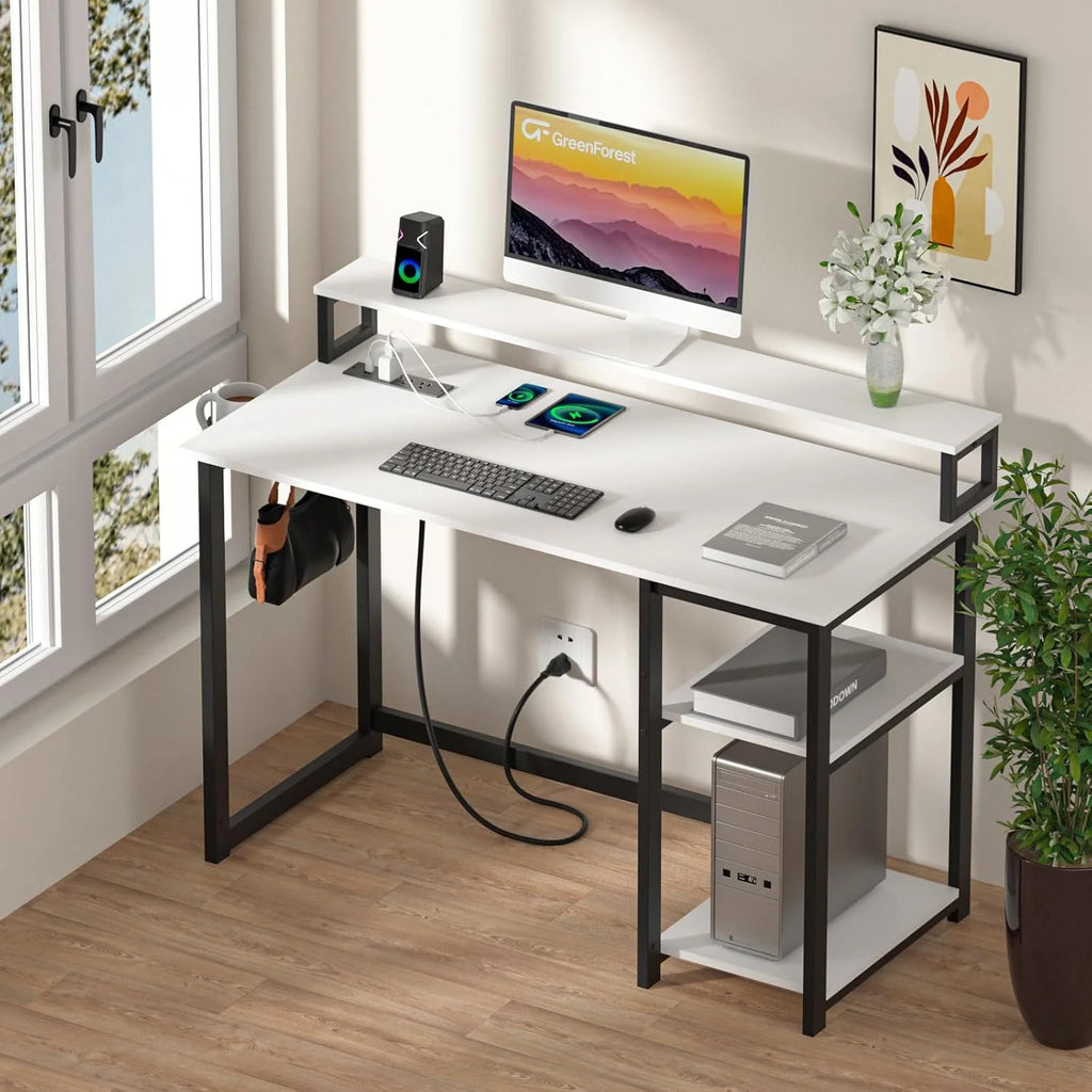 47-Inch Computer Desk with Power Outlets and Monitor Stand, White