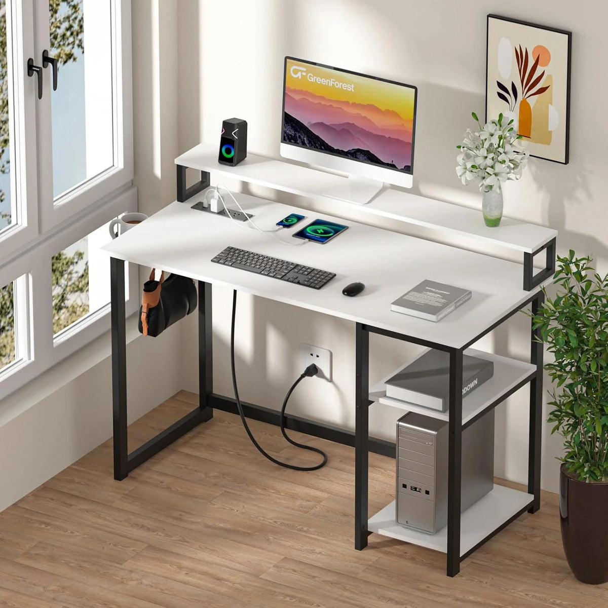 47-Inch Computer Desk with Power Outlets and Monitor Stand, White