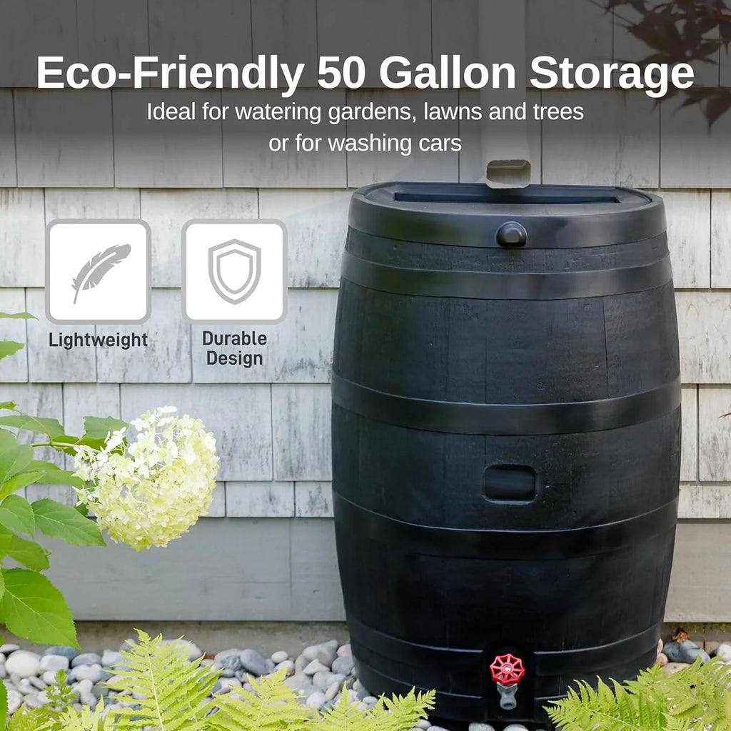 50-Gallon Recycled Plastic Rain Barrel, Black