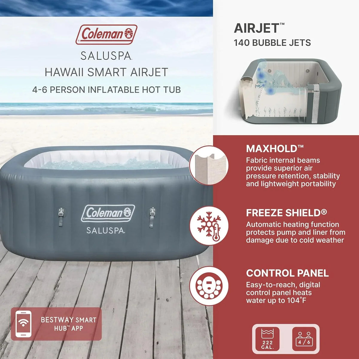 4 to 6 Person Inflatable Hot Tub Square Portable Outdoor Spa with 114 Soothing Airjets and Insulated Cover