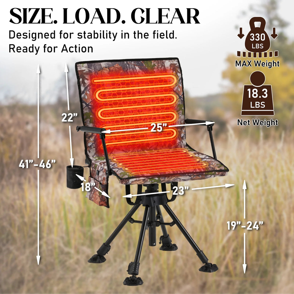 Danrelax 360 Silent Camo Hunting Blind Chair, Armrests, Side Pouch, Telescopic Legs