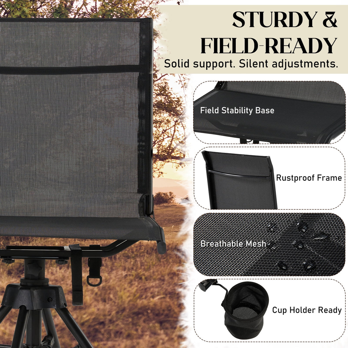 Danrelax 360 Silent Camo Hunting Blind Chair, Armrests, Side Pouch, Telescopic Legs