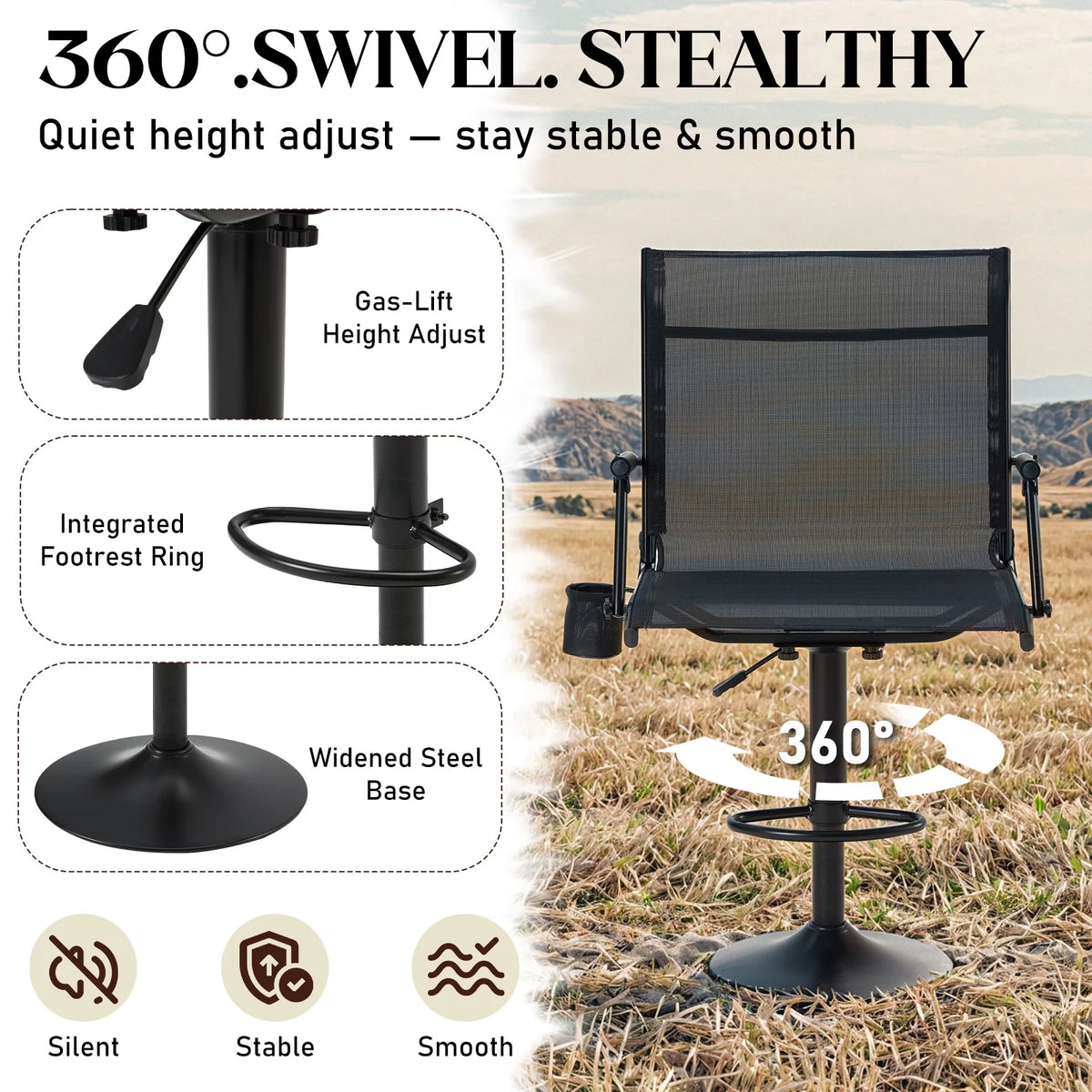 Danrelax 360 Silent Camo Hunting Blind Chair, Armrests, Side Pouch, Telescopic Legs