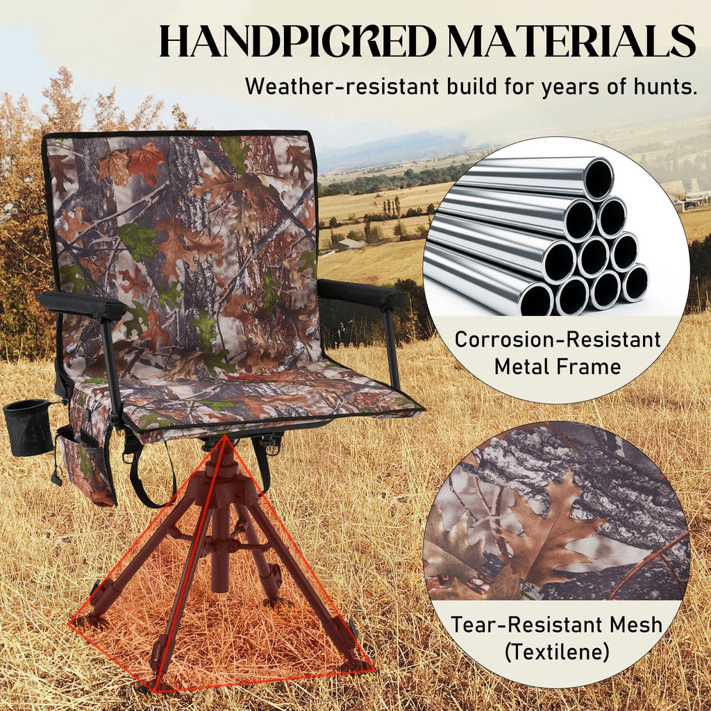 Danrelax 360 Silent Camo Hunting Blind Chair, Armrests, Side Pouch, Telescopic Legs