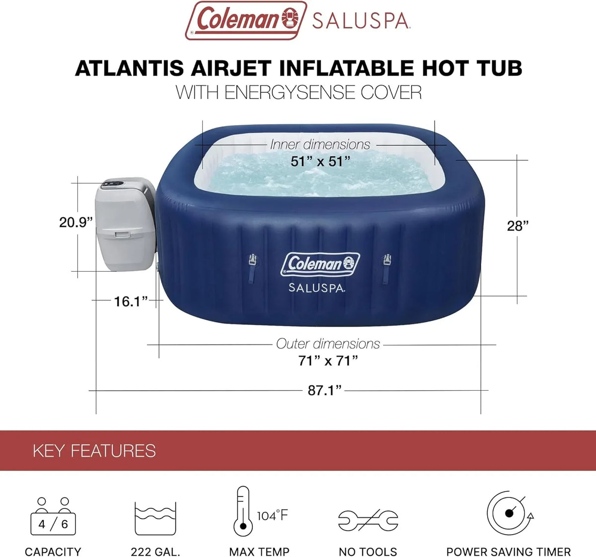 4 to 6 Person Inflatable Hot Tub Square Portable Outdoor Spa with 114 Soothing Airjets and Insulated Cover