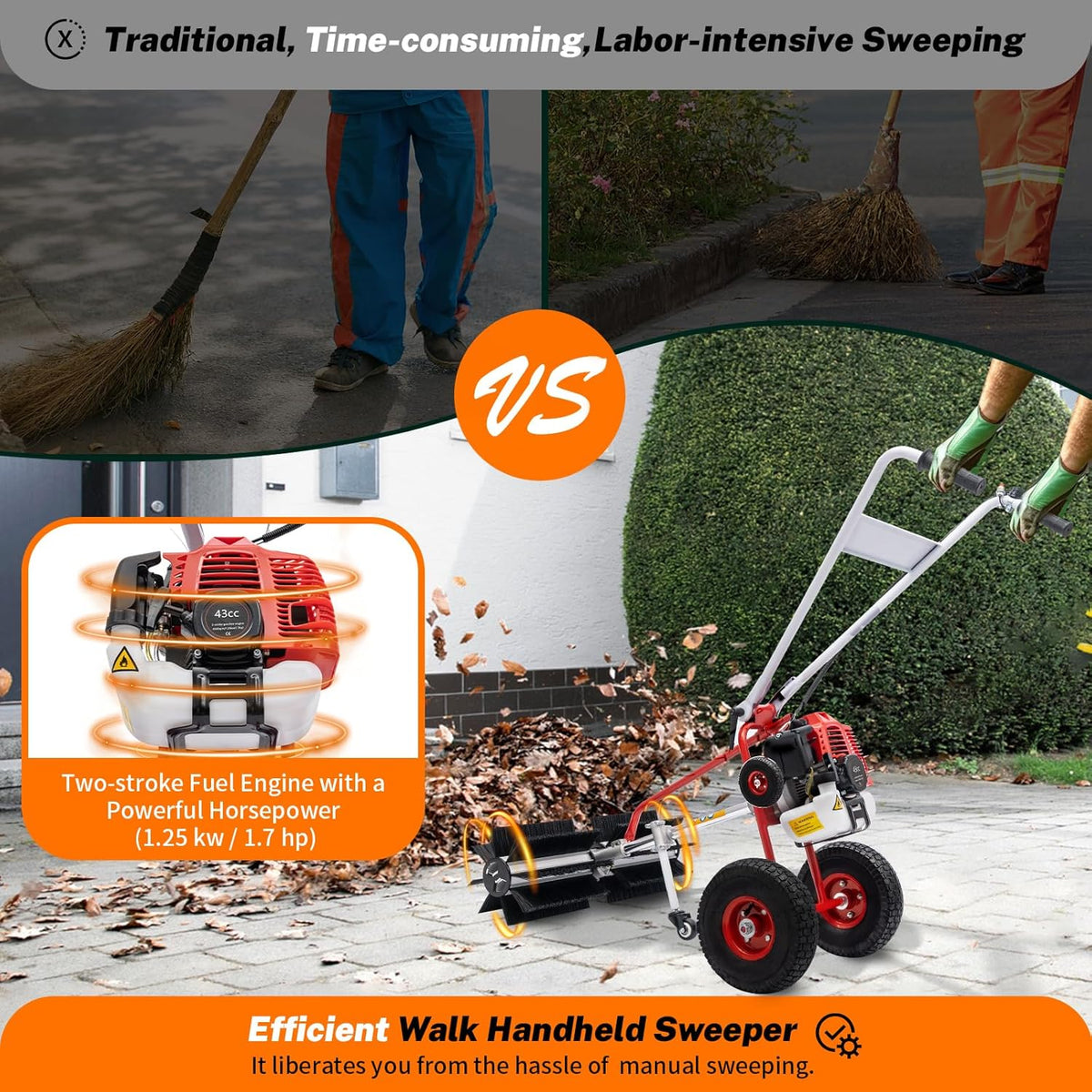 43cc 2-Stroke Gas Power Sweeper Broom